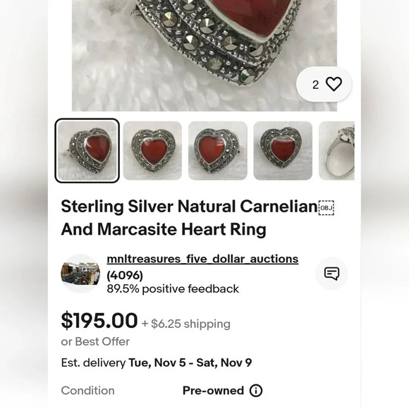 Sterling Silver Natural Carnelian And Marcasite Heart Ring Size 8 - Picture 5 of 5